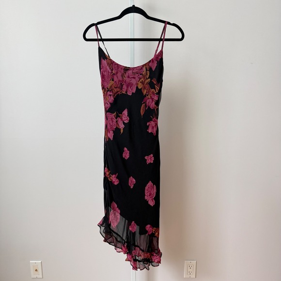 Betsey Johnson Dresses & Skirts - Betsey Johnson M Black Floral Silk Midi Dress Asymmetrical Ruffle Whimsigoth